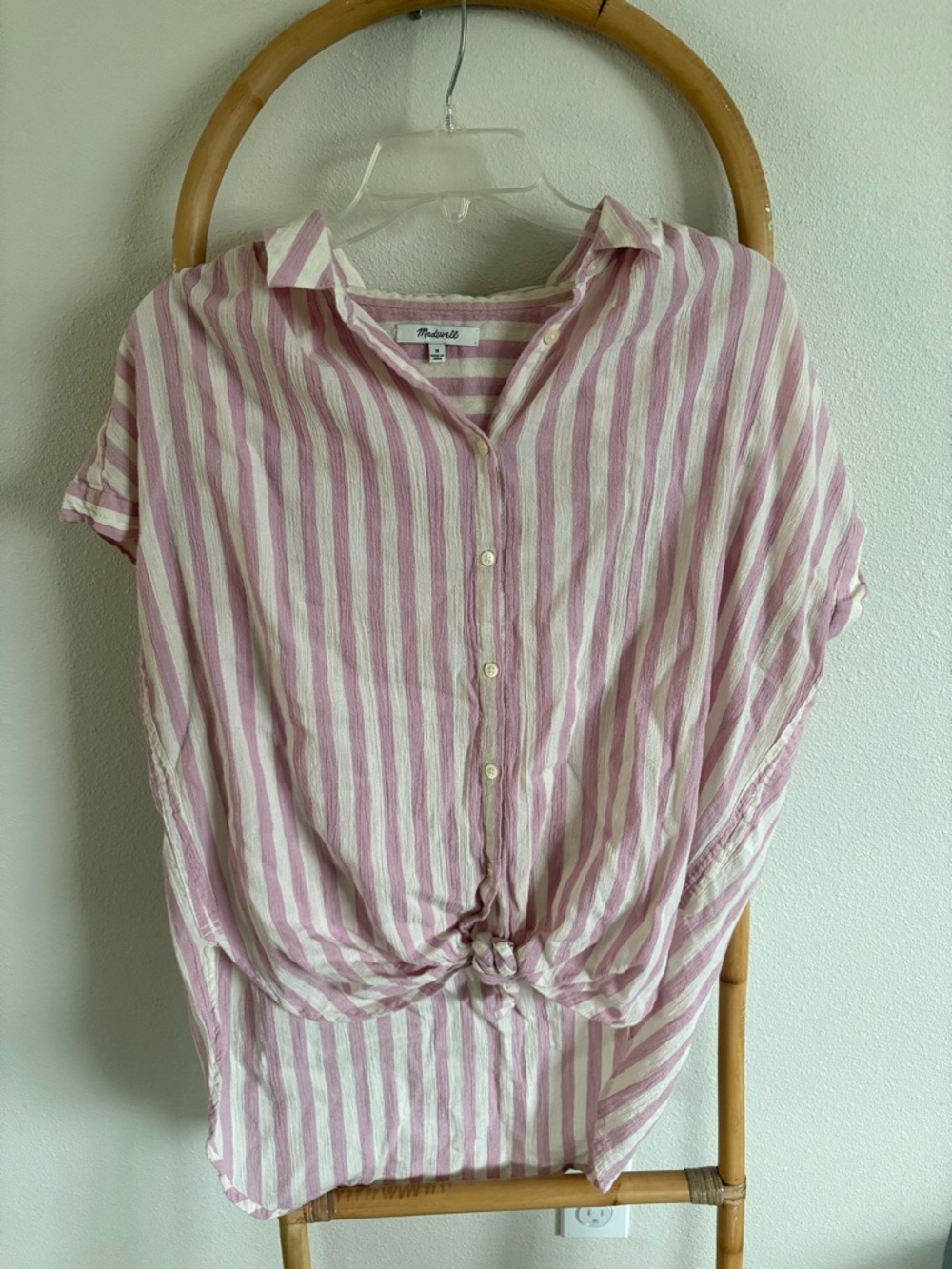 Madewell Pink and White Striped Button-Front Tie Blouse